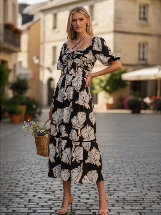 Karl Lagerfeld Dresses & Skirts - Karl Lagerfeld Black Midi Dress with Cream Floral Print